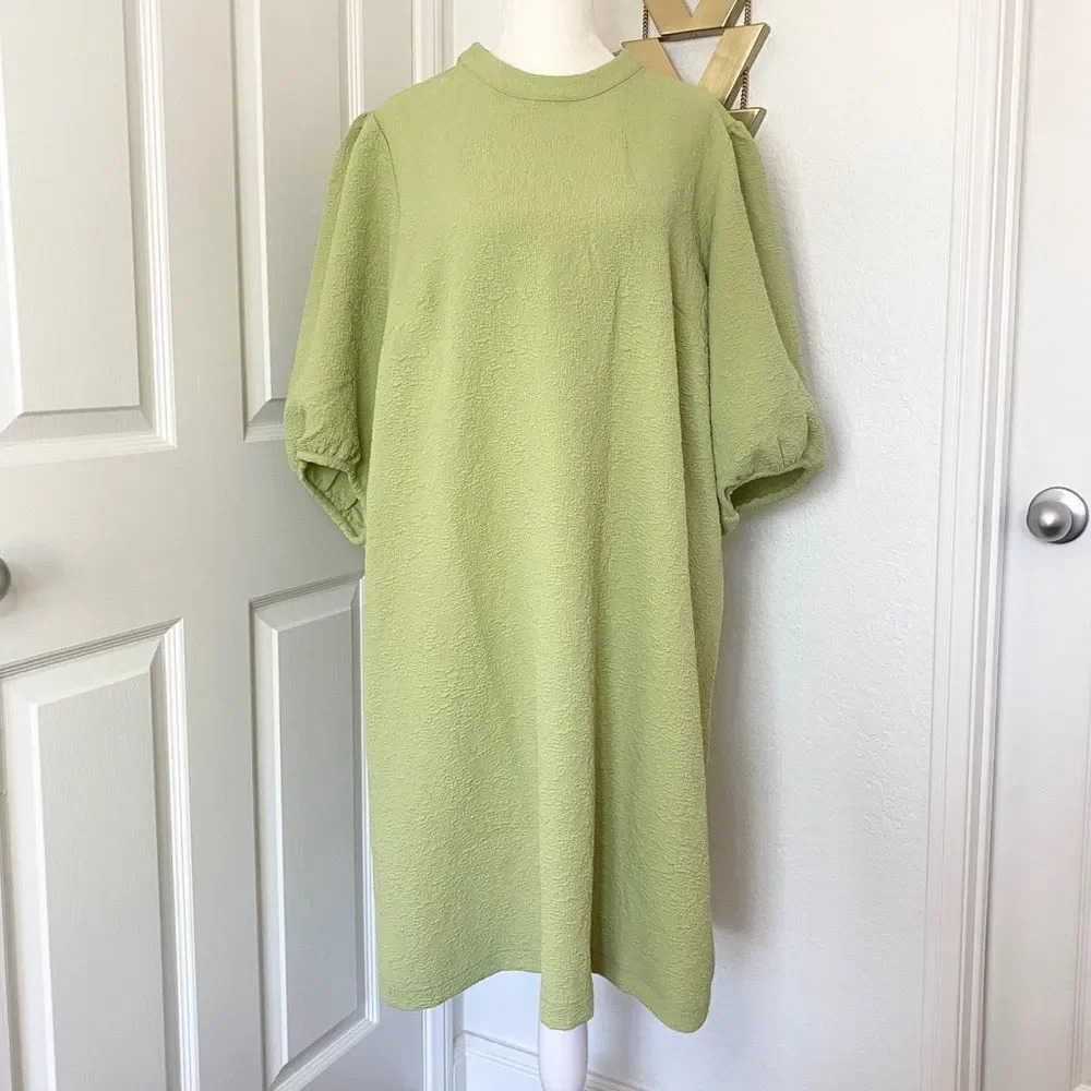 NWT Samsoe Junis ss TarragonâCrew Neck Textured Puff SleeveâDress - Picture 9 of 16